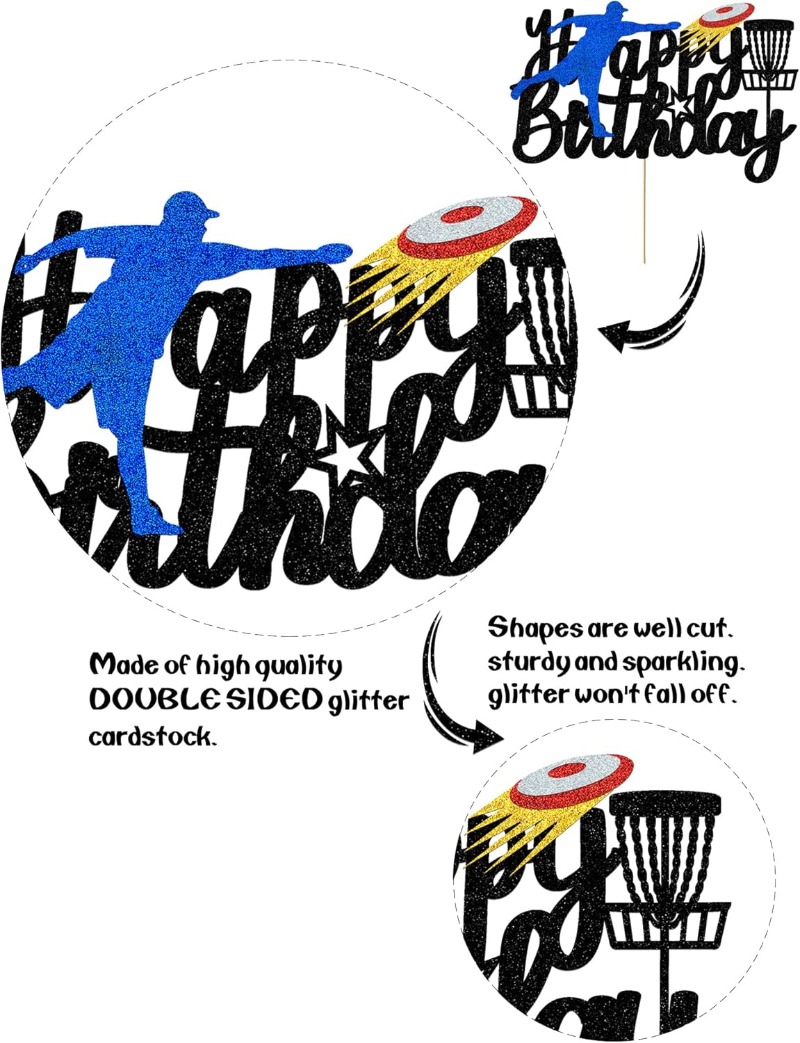 Disc Golf Cake Topper Decorations for Childer's Adults Glitter Happy Birthday Decoration Sports Theme Party Supplies