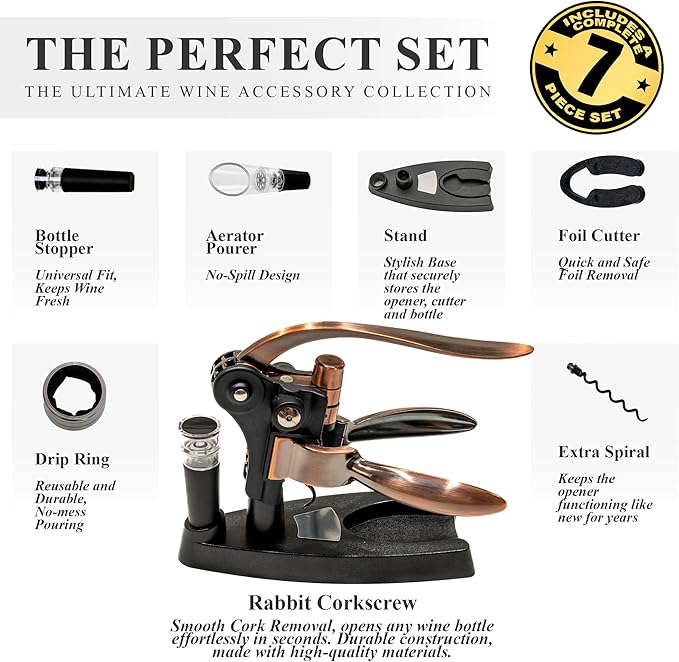 Cork Screw Wine bottle opener - 7 accessories in a premium box - Sturdy Rabbit Wine Opener Manual - Foil Cutter - Extra Spiral - Bottle Stopper - Drip Ring - Aerator Pourer – Opener Lever