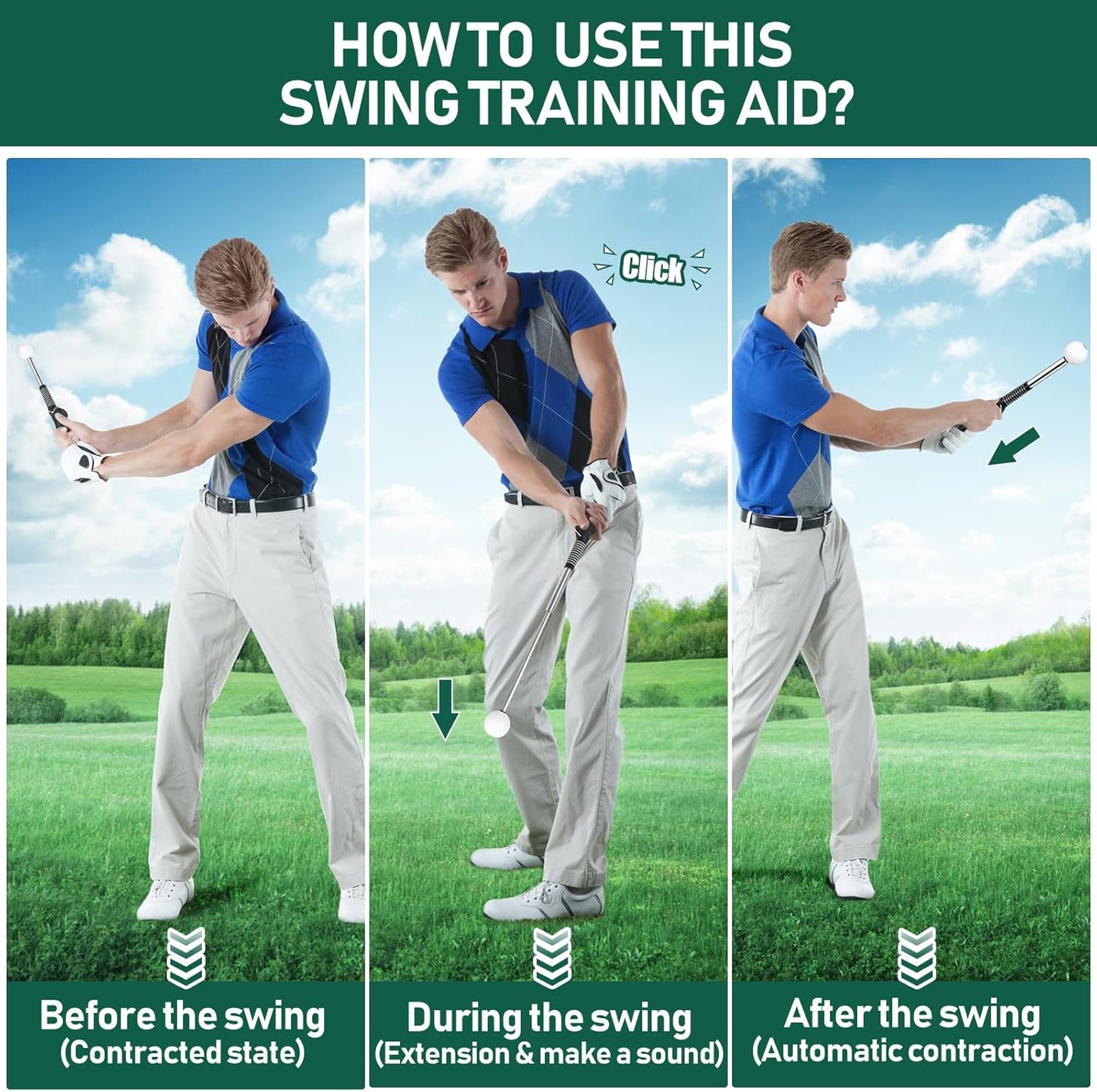 Golf Grip Swing Training Aid - Retractable Click Club Trainer Indoor Practice Warm Up Stick Flexible Telescopic Short Club Tempo Sound Release Trainer Devices