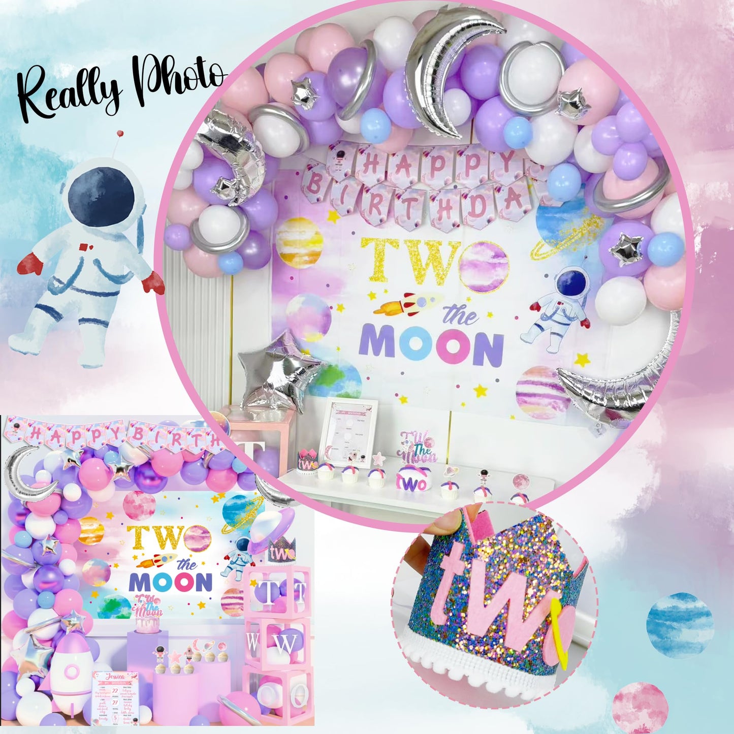Two the Moon Birthday Decorations Girl, Outer Space 2nd Birthday Party Decorations, Two the Moon Backdrop Cake Cupcake Topper Balloon Garland Two Years Old Girl Party Supplies Kit Moon Themed for Girl