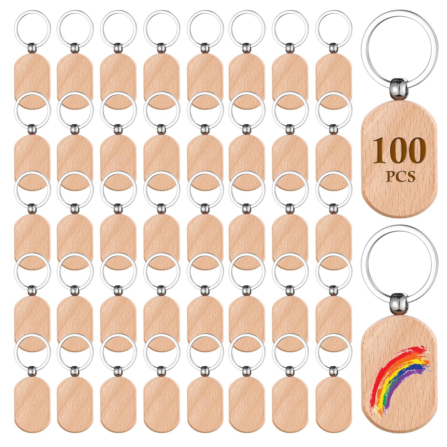 Voittozege 100 Pcs Wooden Keychain Blanks Wood Key Chain Bulk Rounded Square Wooden Blank Keychains Unfinished Blanks Wood Keychains Blank Wooden Key Tag for DIY Gift Craft Supplies