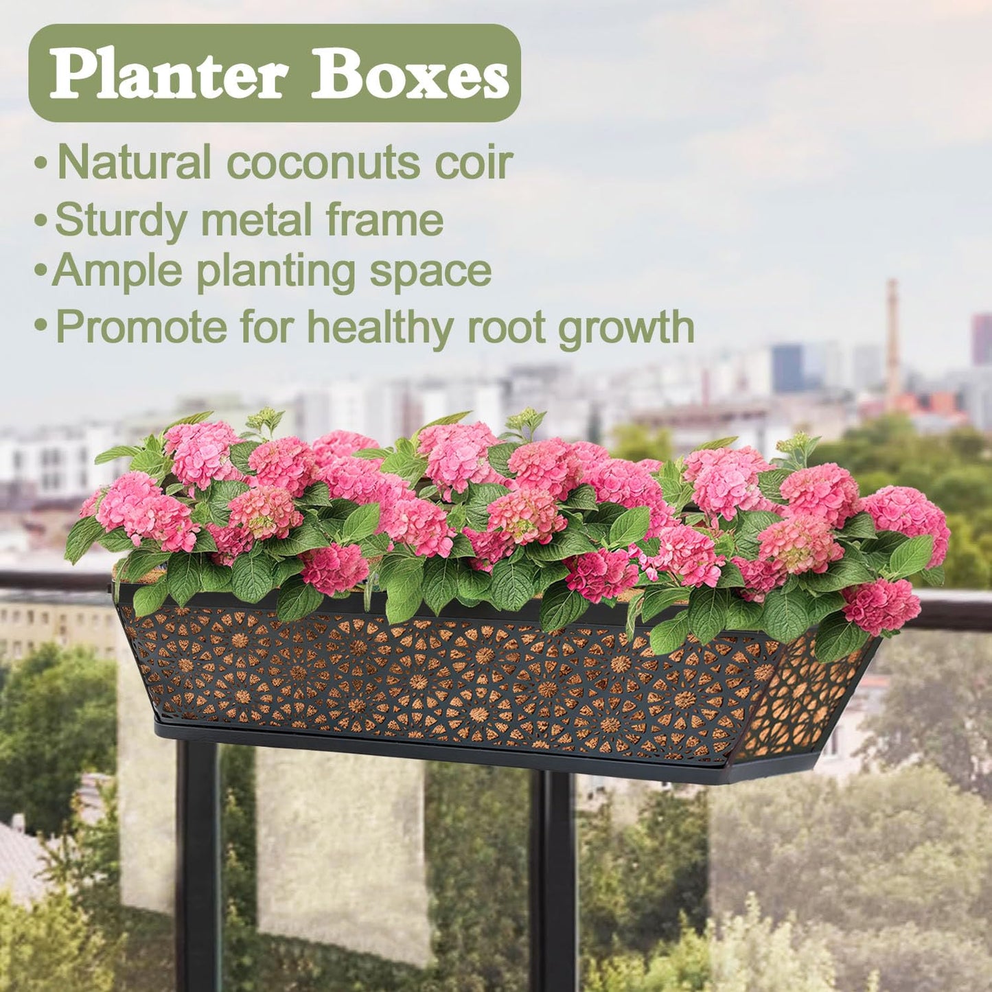 ZVOWOS Black Metal Railing Planter Window Box (4 Pack, 30 Inch) Horse Trough Planter with Coco Fiber Liner Deck Balcony Rail Planter for Porch Fence Patio Outdoor Garden Décor
