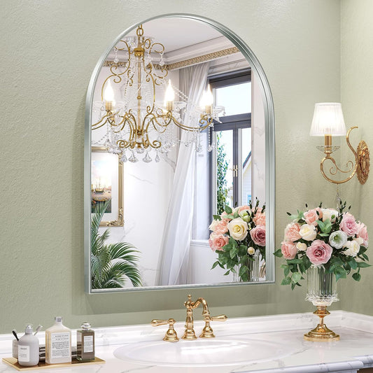 Brightify Metal Framed Arched Wall Mirror, 24 x 36 Inch, Silver, for Living Room, Bedroom, Bathroom, Hallway, Powder Room Decorative