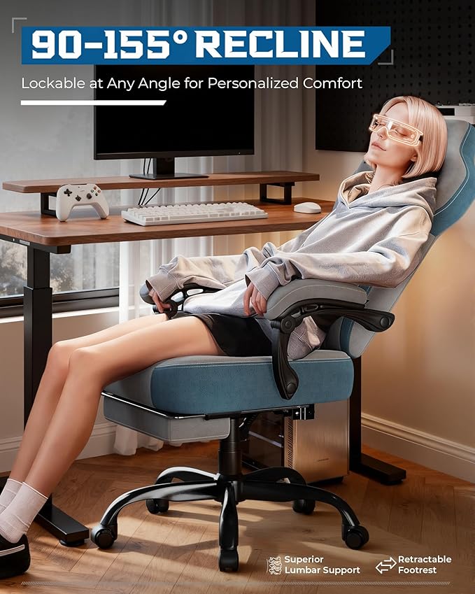 GTPLAYER Gaming Chair, Computer Chair with Footrest and Lumbar Support for Adults, 360°-Swivel Big & Tall Reclining Seat for Office or Gaming (Grey)