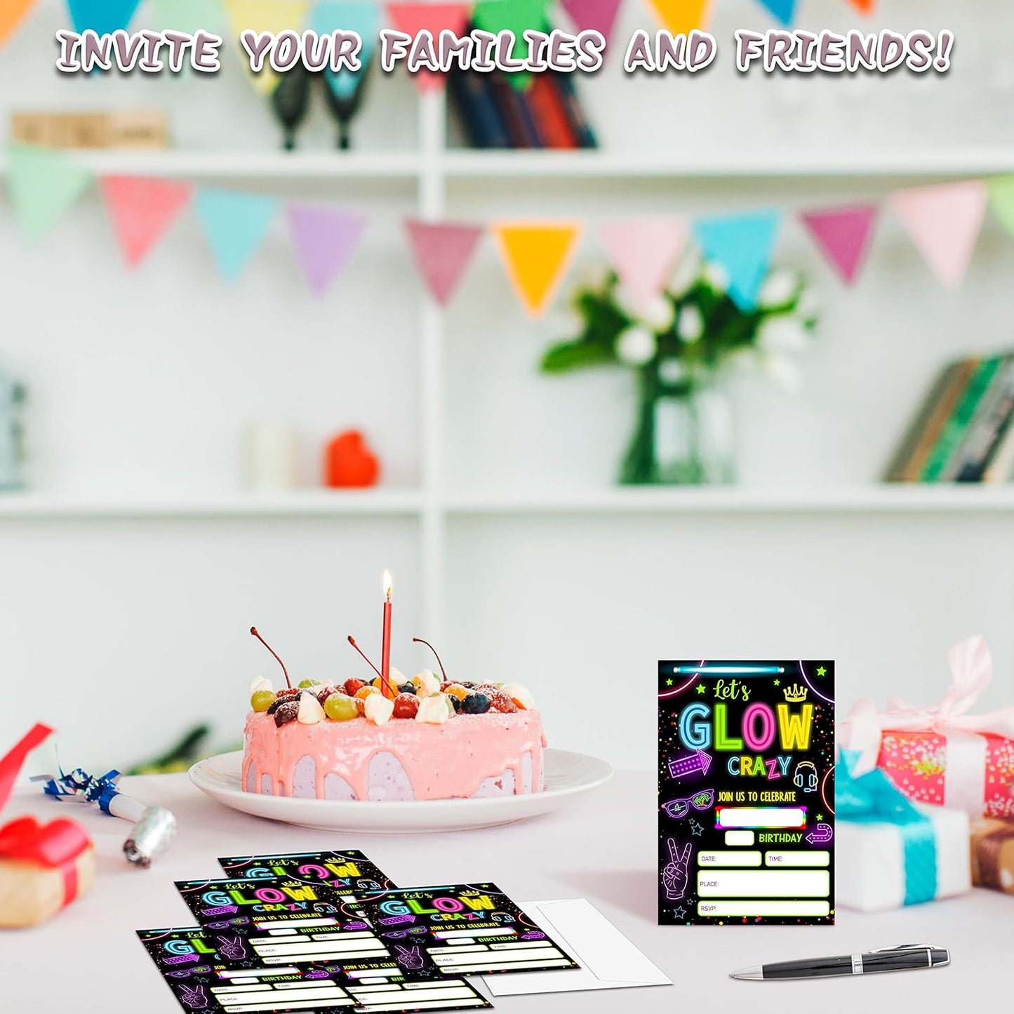 Neon Glow Invitation Birthday Party Invitations, 20-Count Let's Glow Crazy Theme Birthday Party Invites With Envelopes-HBYQK-B02