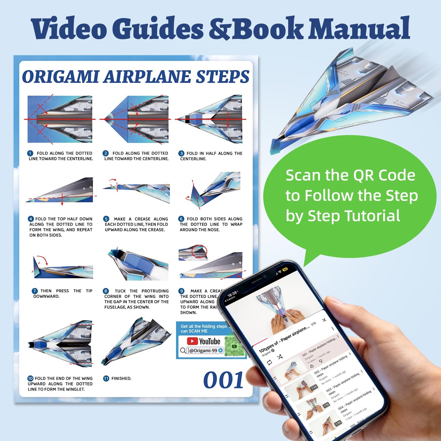 hapray 60 Sheets Paper Airplane Kit, Art and Crafts for Kids with Paper Airplane Instructions Book & Video, Stocking Stuffers for Boys Girls, Birthday Easter Kids Activities Crafts Gifts