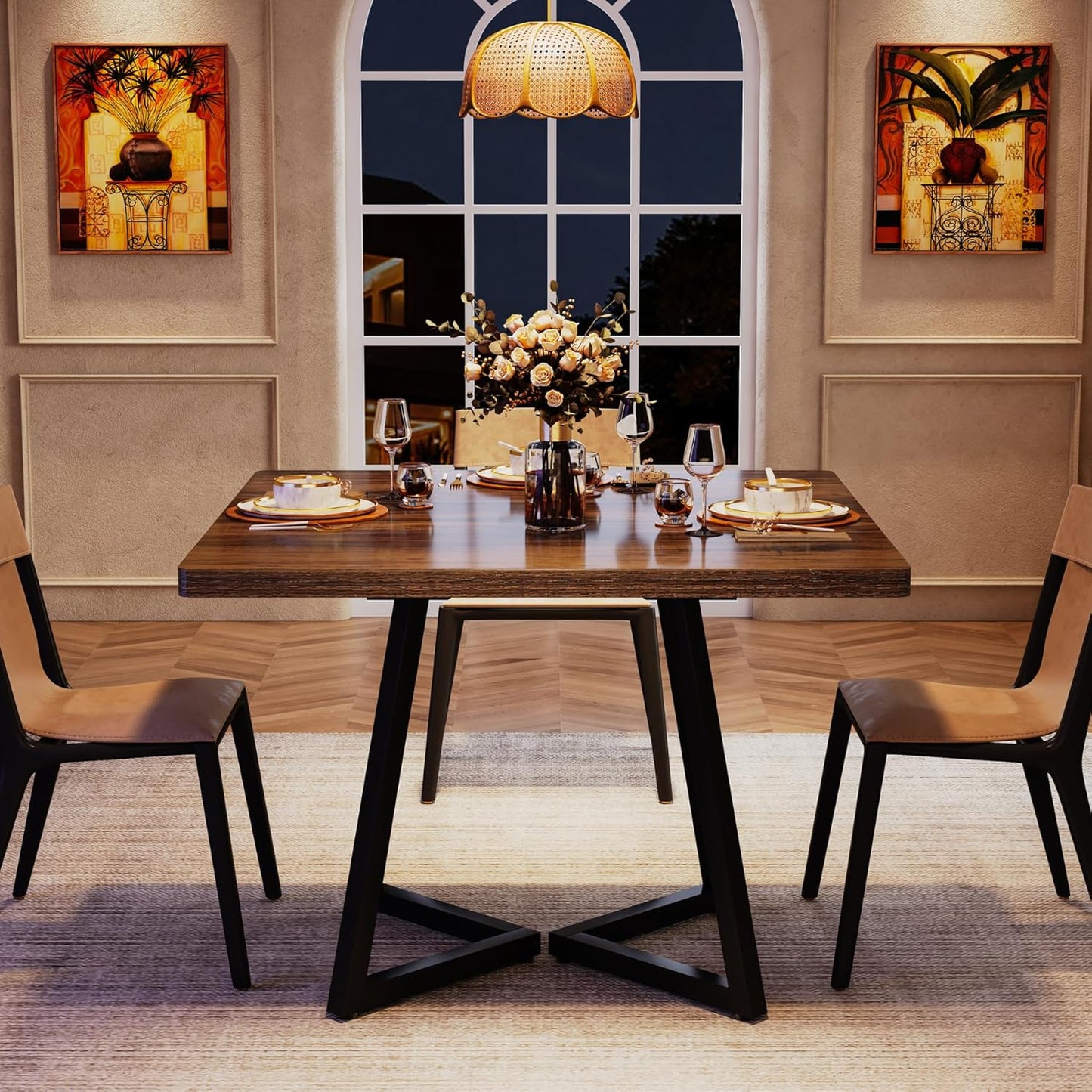 Tribesigns Square Dining Table for 6, 31.5" Industrial Dinner Table with Metal Base, Kitchen Table for Dining Room, Small Space, Apartment, Rustic Brown & Black