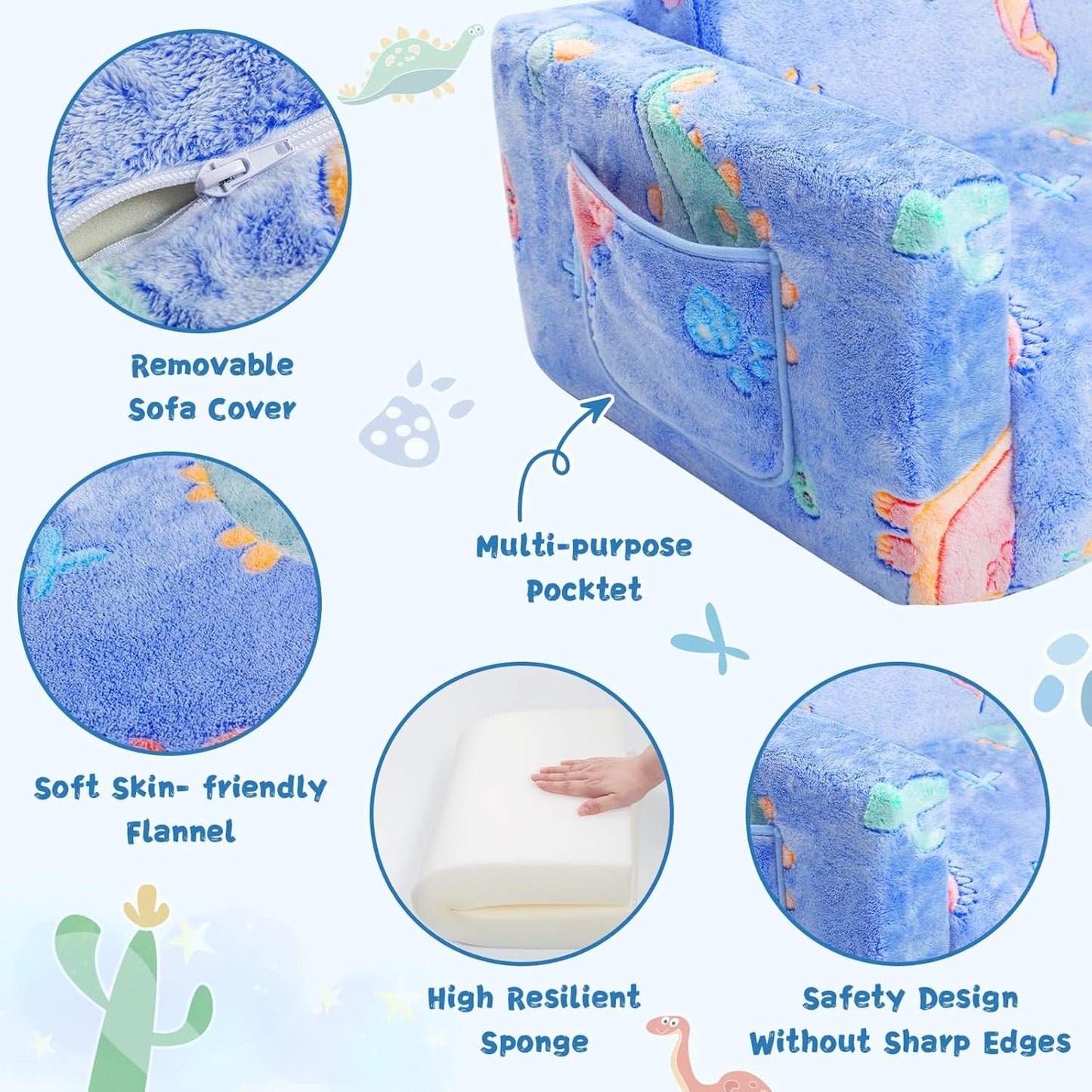 Toddler Chair Comfy,2-in-1 Soft Toddler Couch Fold Out for Kids,Convertible Sofa to Lounger,Gift for Girls and Boys Birthday,Dinosaurs,Large