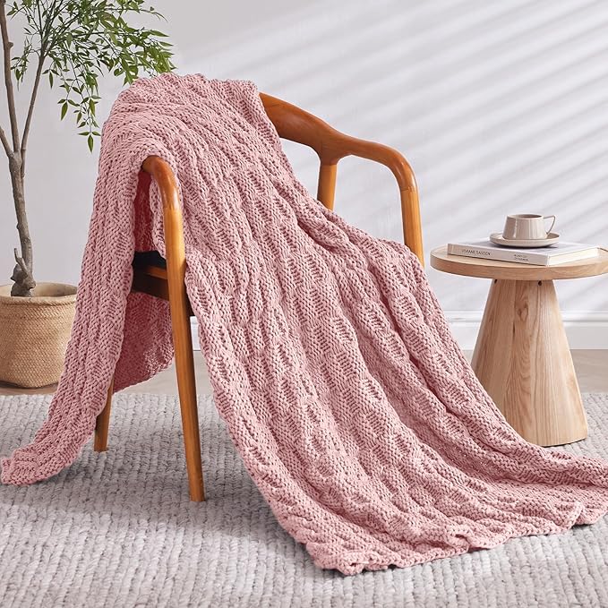 Knitted Weighted Blanket for Adult, No Beads Heavy Blanket 48” x 72'' 12lbs, Breathable Chunky Knit Blanket, Cooling Weighted Blanket for Hot Sleepers, Christmas Home Decor (HoneyPink)
