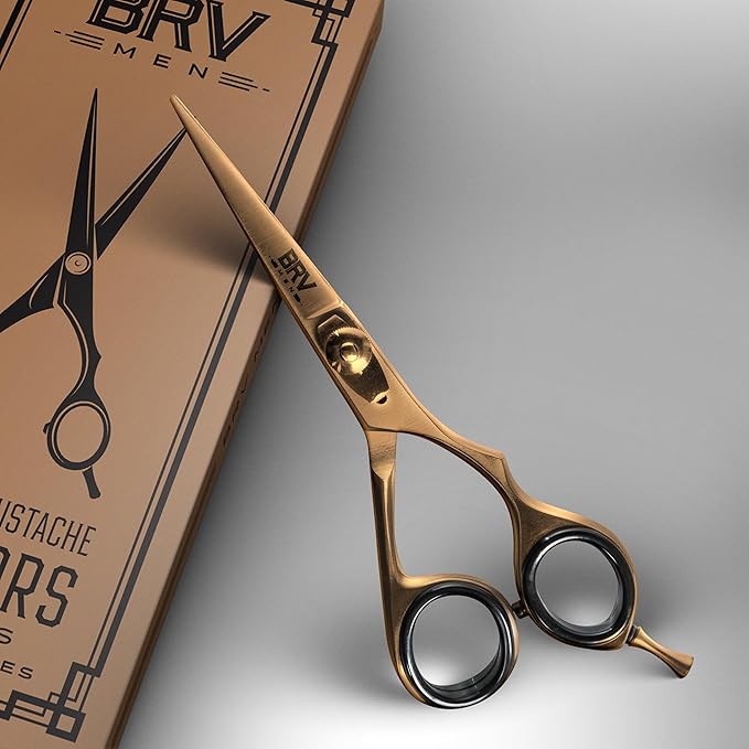 Facial Hair Scissors for Men | Titanium Series | Mustache & Beard Trimming Scissors | 5.5 inches l Sharp & Precise Grooming | Razor Edge Barber Scissor (RIGHT HANDED - titanium bronze)