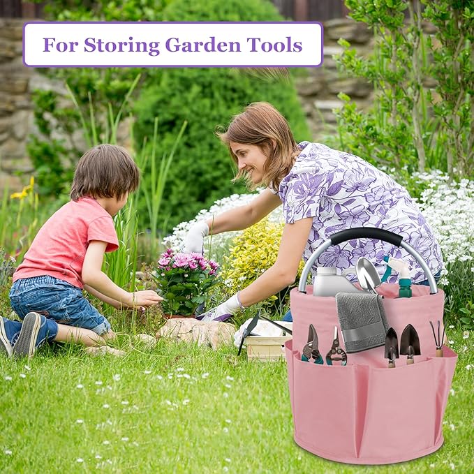 2Pack 17L Foldable Cleaning Supply Caddy for Family, Portable Shower Caddy with Handle and Pockets, Garden Tool Bag in 600D Oxford Fabric, Large Storage Basket for Dorm, Travel, Black + Pink