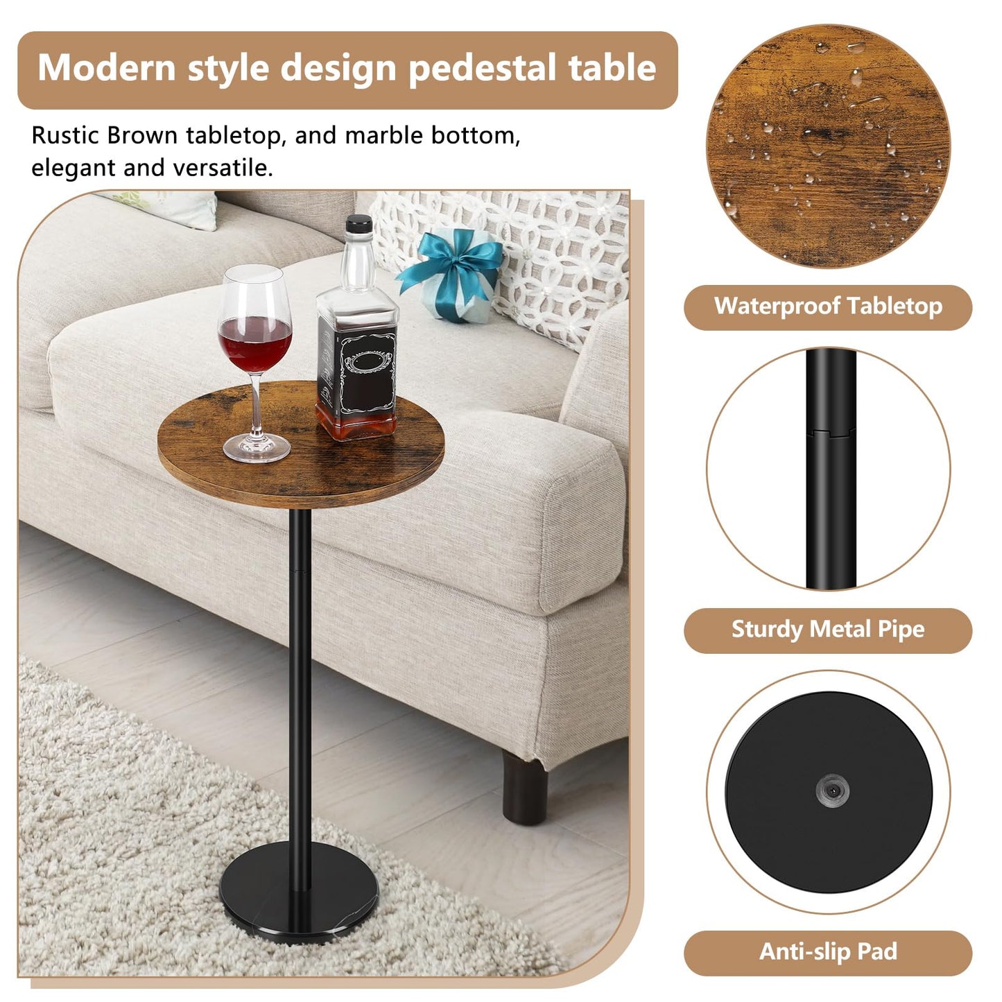 OYEAL Drink Side Table Small Round Cocktail Table for Patio Outdoor Pedestal Side Table Coffee Table with Black Marble Base for Sofa Couch, Rustic Brown & Black