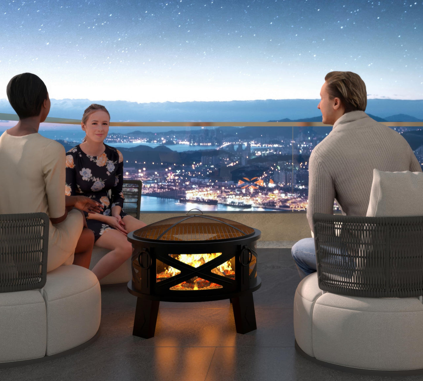Fire Beauty 26"Steel Fire Pit with Grill Grate&Spark Screen,360° Airflow Boost Technology,Less Smoke,Larger Flames,Heavy-Duty Portable Camping Fire Pit for Backyard,Beach,RV (22lbs,4 Handles,Dual-Use)