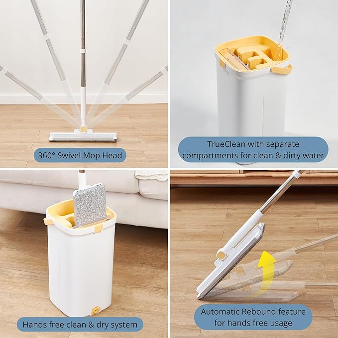 Mop and Bucket Set with Pump System for Home, Hands Free Self Cleaning with 3 Compartments to Separate Clean from Dirty Water, with 2 Machine Washable Microfiber Mop Pads, Patent Pending, in Gift Box