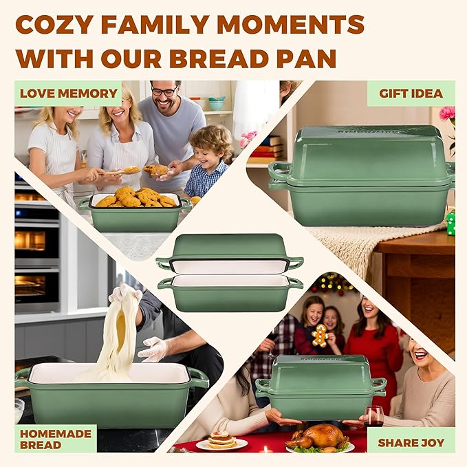 11x5 Inch Cast Iron Loaf Pan With Lid, 5.8 Qt Large Loaf Pans for Sourdough Bread Baking, Heavy Duty Dutch Oven Bread Pan For a Crispy Crust, Pistachio