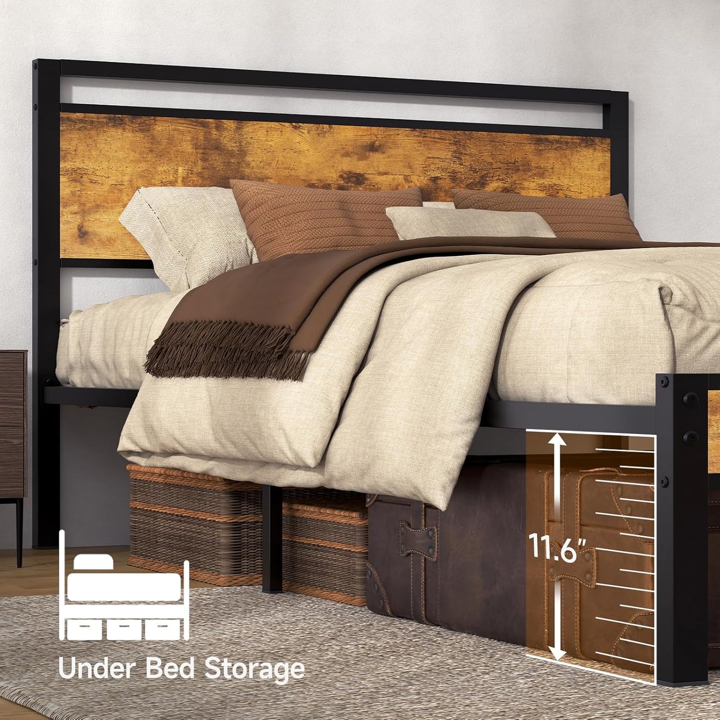 Z-hom Queen Bed Frame with Modern Wood Headboard & Footboard, Upgraded Heavy Duty Metal Sturdy Bed Frame Queen Size, Stable Platform Bed Furniture Bed Storage, No Noise, No Box Springs, Vintage Brown