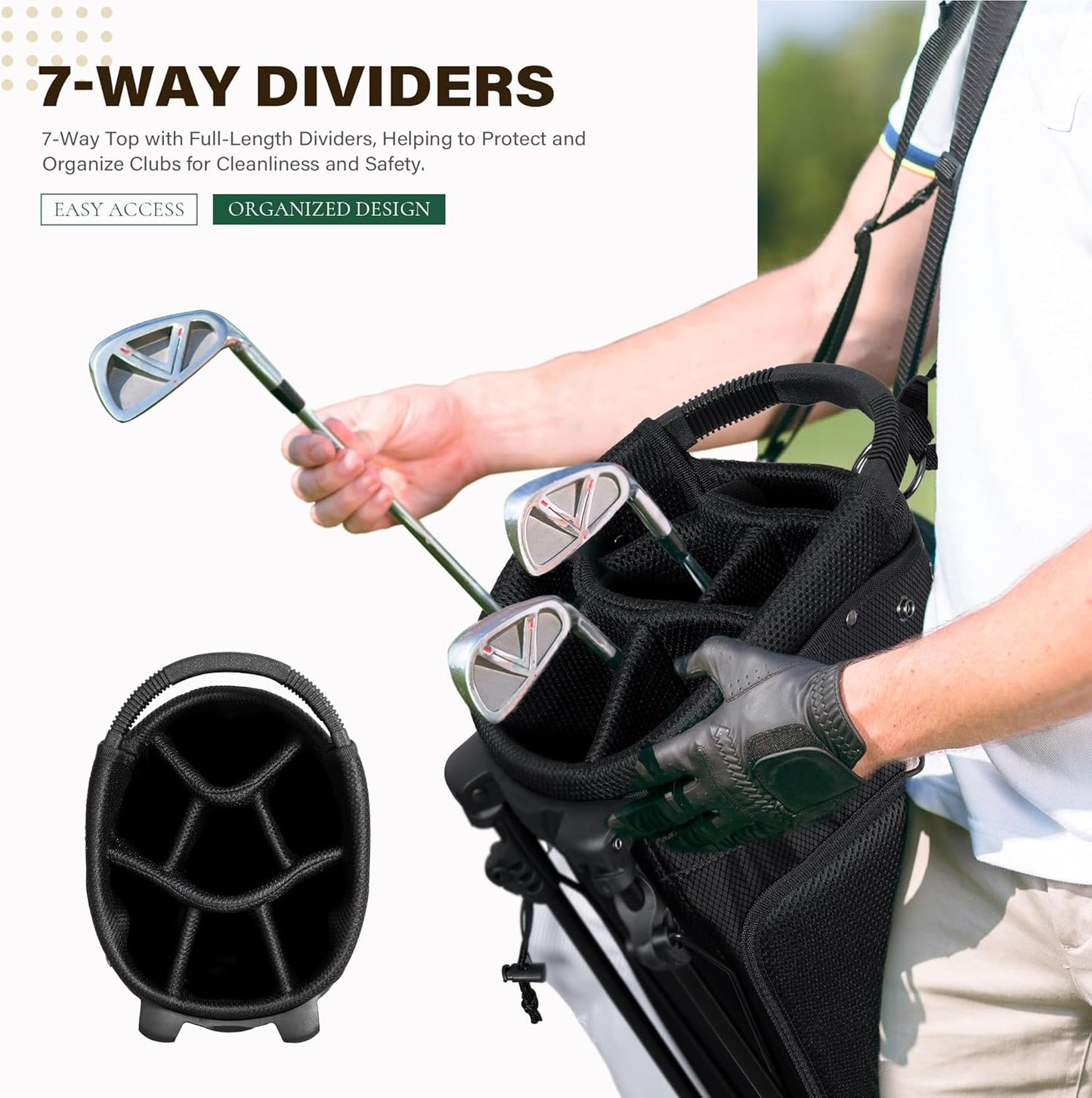 Golf Stand Bag with 7 Way Top Dividers, Lightweight Golf Bags for Men Women with Multiple Pockets, Dual Straps