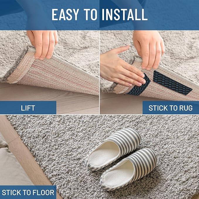Everlasting Comfort Area Rug Gripper for Hardwood Floors - No Damage Non Slip Rug Pads, Floor to Carpet Tape for Holding Rugs in Place, Washable and Reusable, Double Sided Anti Slip Tape - 12 Pack