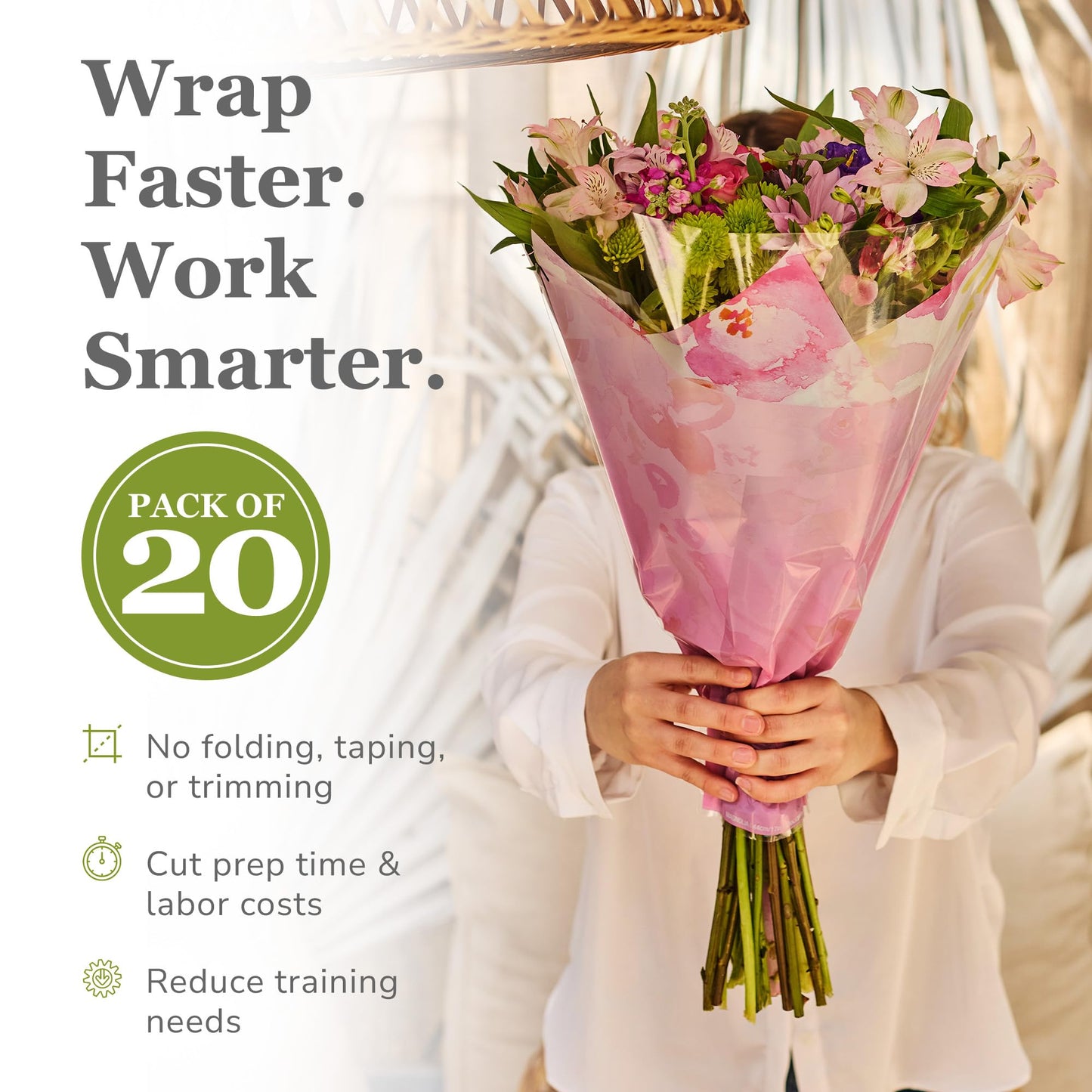 the florist Supply Magnolia Sleeves 20 Pack 17.3 x 17.1 x 4.9 Inch Waterproof Flower Bouquet Sleeves, Flower Bouquet Bags, Plastic Floral Sleeves, Gift-Ready for Wedding, Birthday - Pink