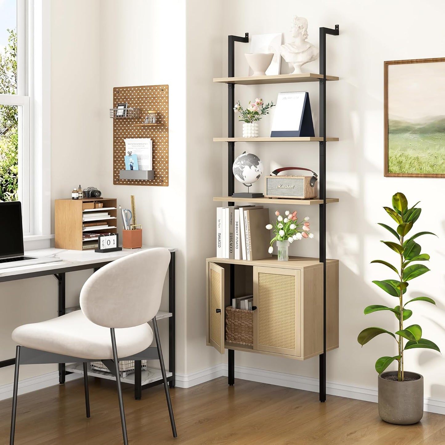Yusong 73" Tall Bookshelf with Cabinet, Industrial Ladder Wall Mount Shelf Rattan Bookcase with Wood and Metal Frame, Plant Shelf Wall Storage Display for Living Room Bedroom,Light Ivory Brown