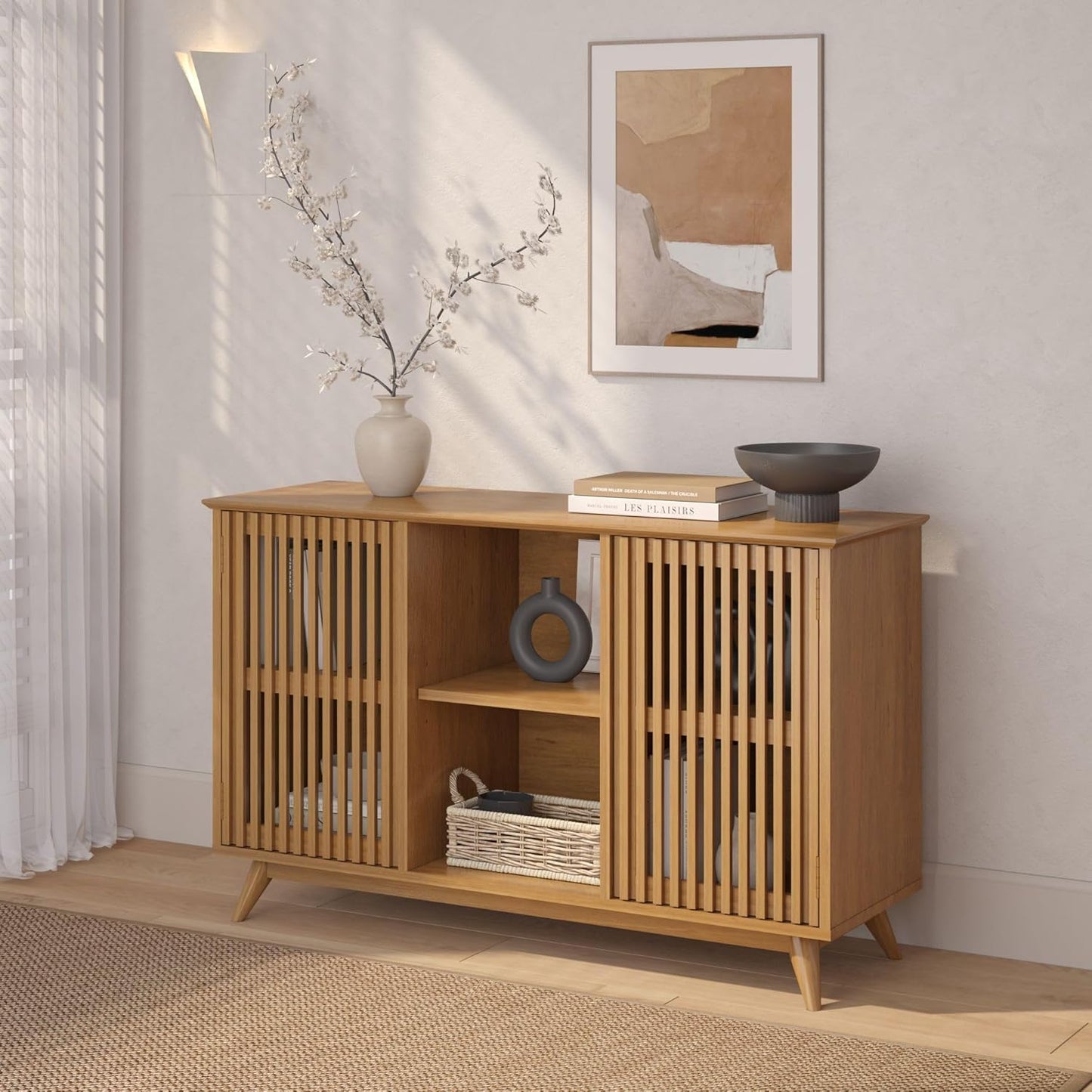 Plank+Beam Mid-Century Modern Wood TV Stand, Solid Wood Entertainment Console with Storage, 49" L x 16" W x 30" H, Pecan