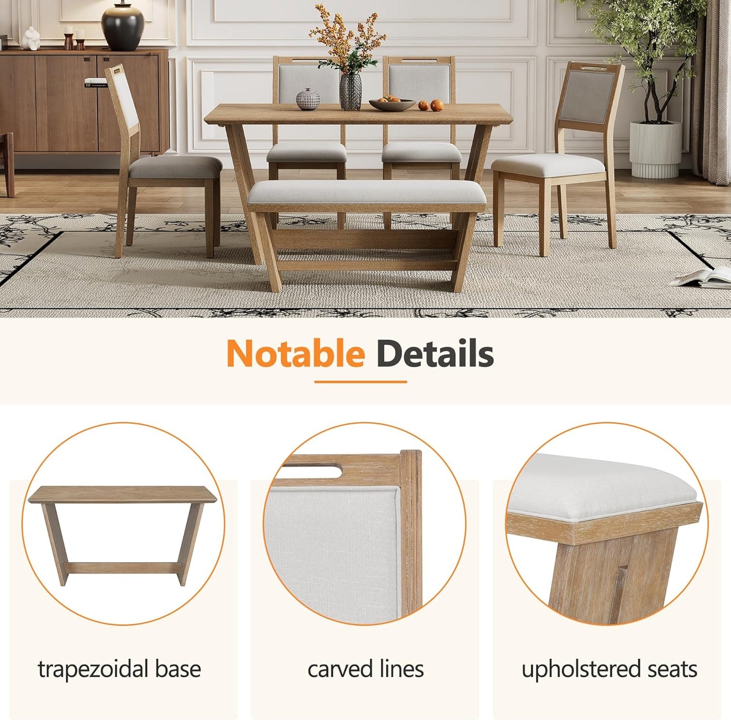 Merax 6-Piece Retro Dining Set, 1 Rectangular Table with Stable Trapezoidal Table Base and 4 Upholstered Chairs and 1 Bench for Dining Room and Kitchen, Natural Wood Wash