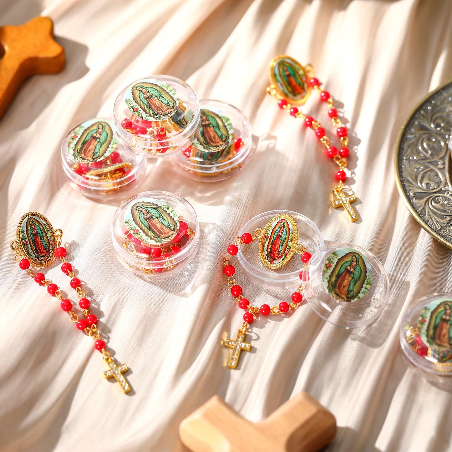 Landical 12 Pcs Our Lady of Guadalupe Rosary Lapel Pin Baptism Favor for Guests First Communion Gift Religious Catholic Pin Christian Event Funeral Memorial Favors(Red)