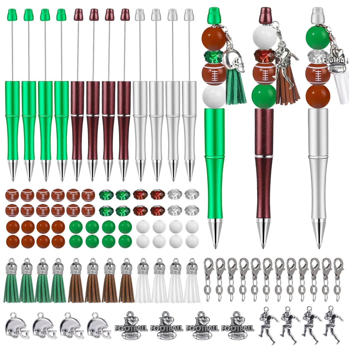 NEWEST 12 Pieces Sports Beadable Pens Plastic Football Bead Pens Included 48 Beads 12 Tassels 12 Pendants Football Beads Pen DIY Making Kit Beadable Ballpoint Pen for Gifts School Office Supplies