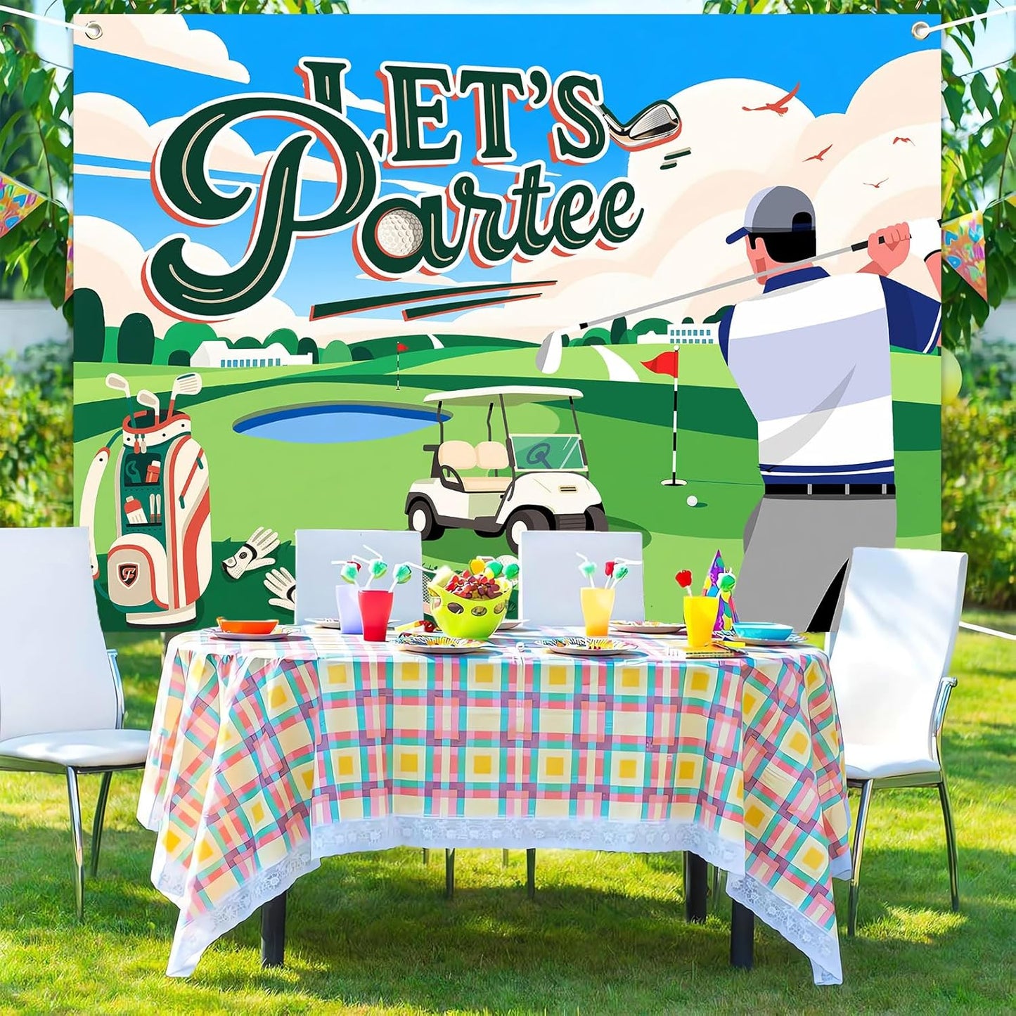 7x5ft Let's Partee Golf Theme for Birthday Backdrop Green Grass Club Sports Grounds Photo Background Adult Kids Golf Birthday Party Decorations Banner Photo Booth Studio Props