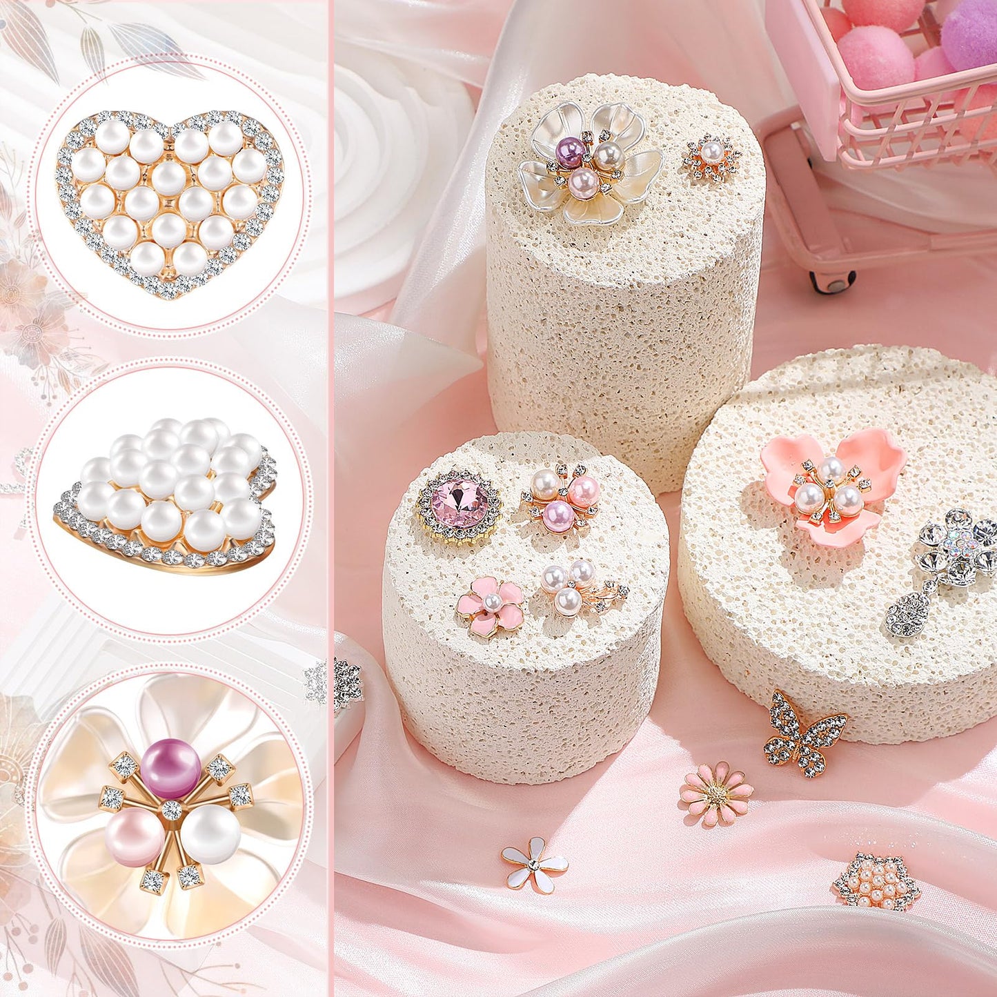 Giegxin 24 Pcs Rhinestone Buttons for Crafts Clothes Faux Pearl Embellishments Pink Butterfly Rhinestone Flower Buttons Vintage Women Pearl Brooch for Jewelry Making, DIY, Bags Shoes Supplies
