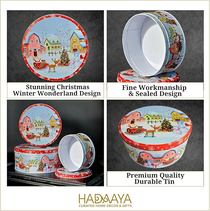 Holiday Tin Bundle – Set of 3 Festive Christmas Cookie & Candy Tins (Elf Hat, Wonderland, Snowflake Designs) – Stackable Storage Containers for Treats, Gifts & Seasonal Décor