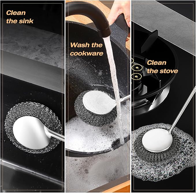 Heavy Duty Stainless Steel Scrubber Set - Long & Short Handle with 5 Steel Wool Pads, Cast Iron & Pot Scrubber for Dishes, Pans, Grills, Stoves
