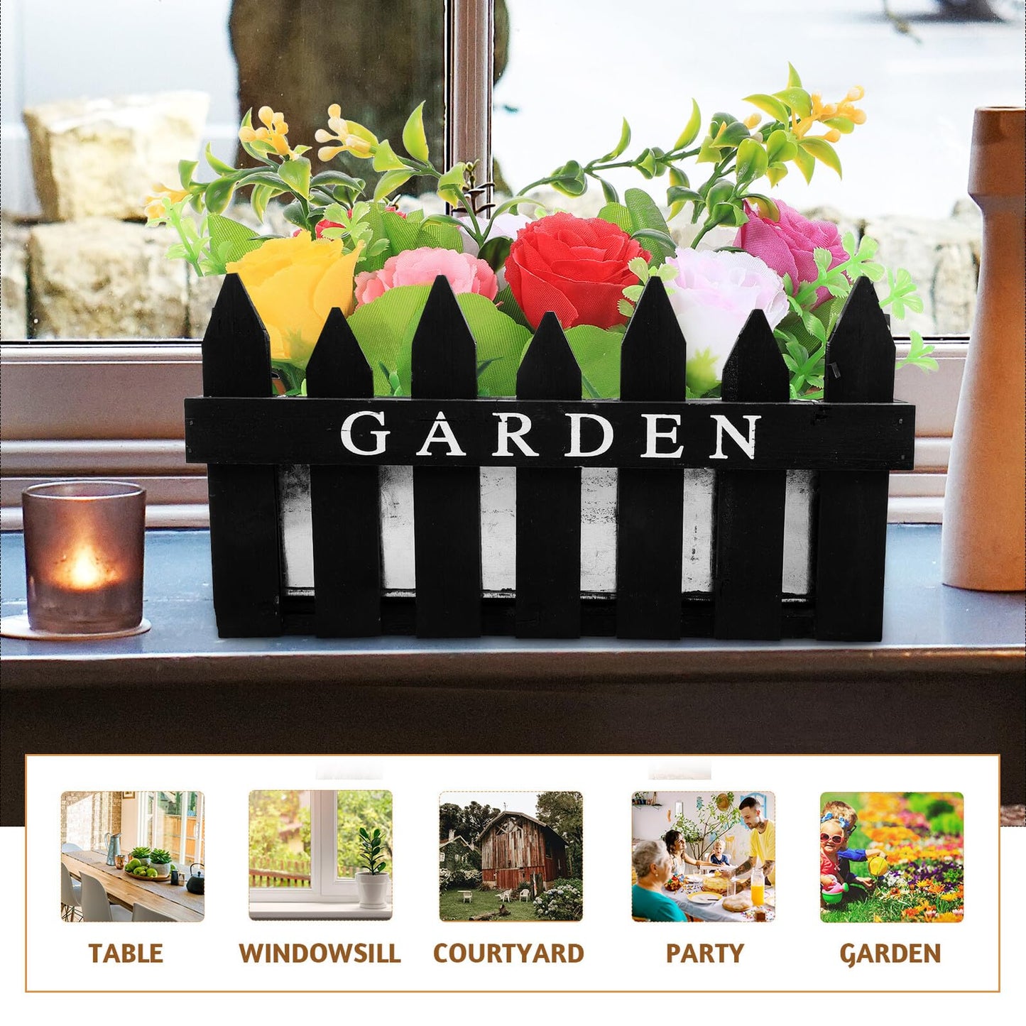 MAGICLULU Rectangular Wooden Fence Flowerpot Planter Box for Indoor Outdoor Decorative Planting, Black Wood Material, Creative Rustic Garden Pot Suitable for Office and Home Decor