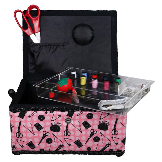 SINGER 07276 Sewing Basket with Sewing Kit Accessories, Pink & Black,