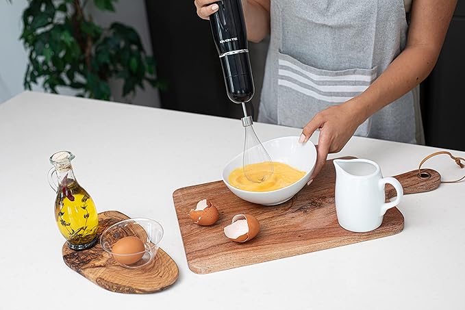 OVENTE Immersion Hand Blender Set, 300W Corded Electric Handheld Stick Mixer, 2 Mixing Speeds with Stainless Steel Blades, Egg Whisk, Beaker & BPA-Free Food Chopper, Black HS565B