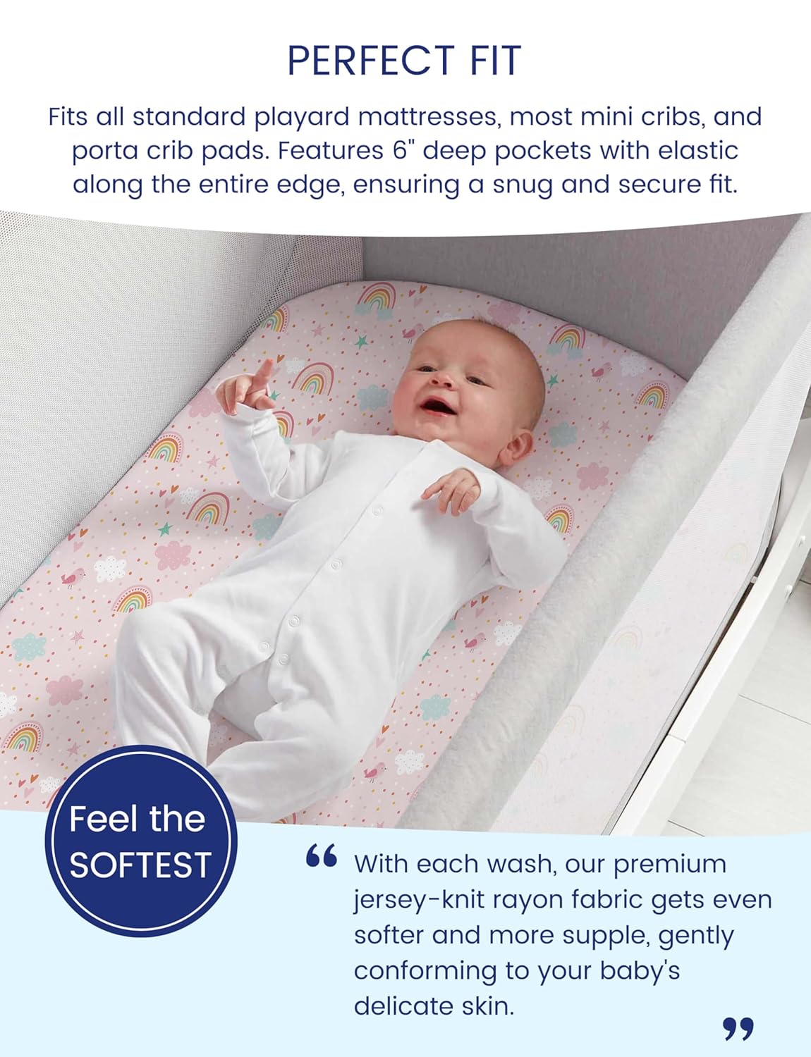 TotAha Premium Soft Pack n Play Sheets, Super Stretchy Jersey Knit Mini Crib Sheets Fitted, Silky Comfort Pack and Play Mattress Sheets, 2 Pack (Rainbow)