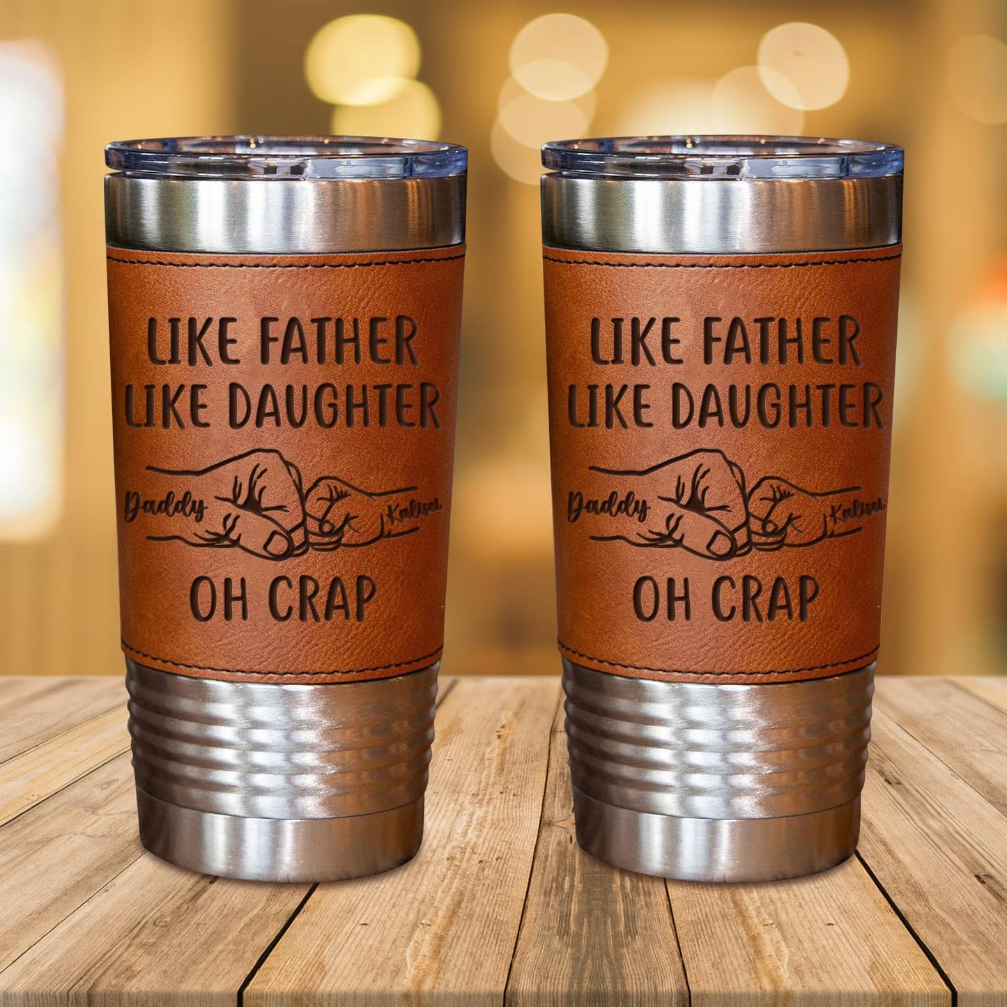 Like Father Like Daughter Tumbler, Personalized Engraved Fathers Day Dad Leather Tumbler 20oz, Custom Name Daddy and Daughter Tumblers Mug Gifts for Dad Birthday Fathers Day (style01)