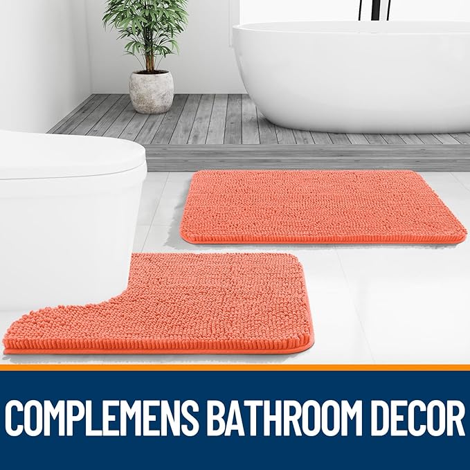 OLANLY Bathroom Rugs 59x20, Extra Soft Absorbent Chenille Bath Rugs, Rubber Backing Quick Dry, Machine Washable Bath Mats for Bathroom Floor, Tub and Shower, Home Decor Accessories, Coral