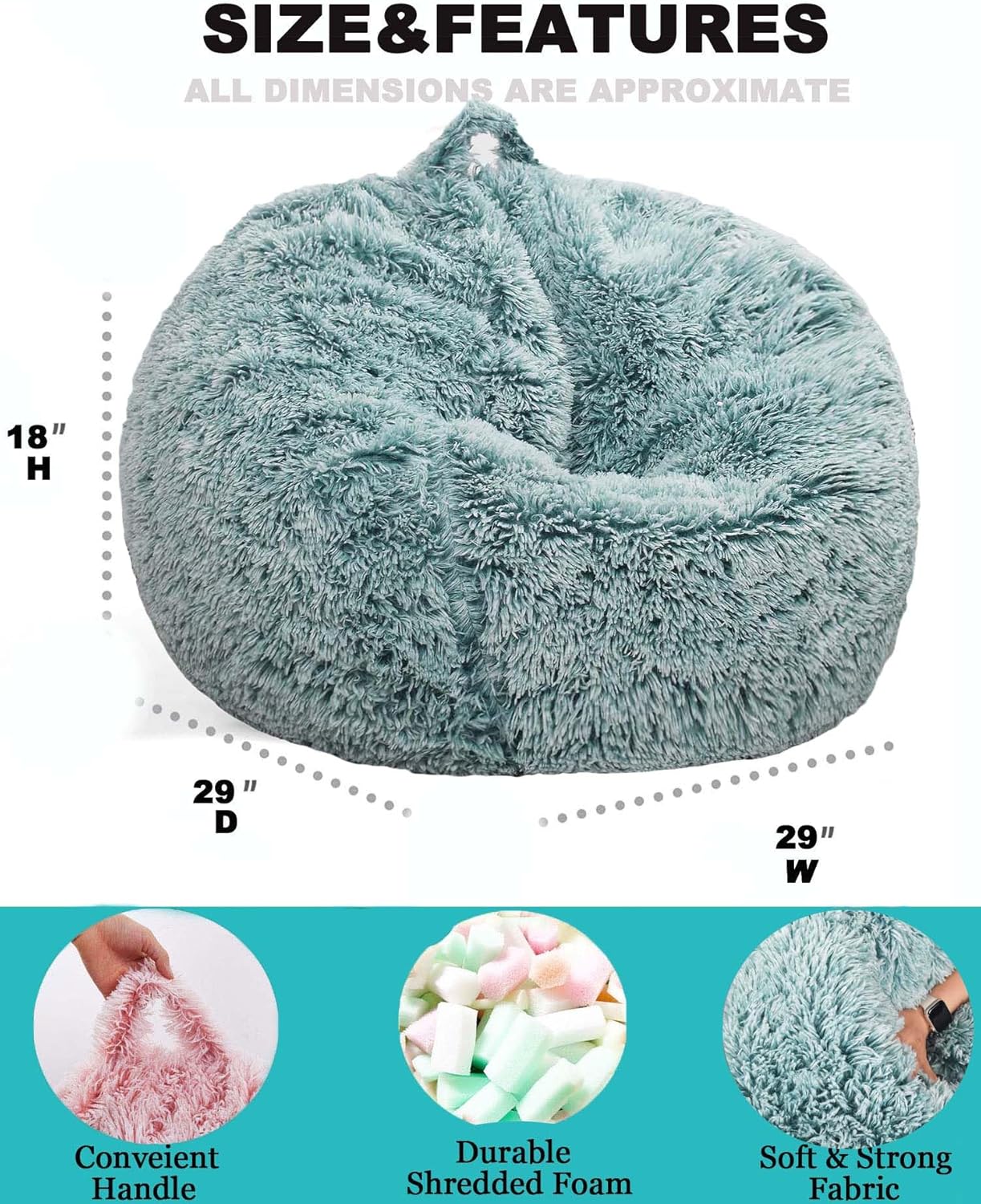Fluffy Bean Bag Chair for Kids, 2.5FT Round Memory Foam Filled Bean Bag for Teens & Kids, Ultra Soft Faux Fur Fabric Bean Bag Chairs for Playroom, Living Room, Bedroom, Dark Green