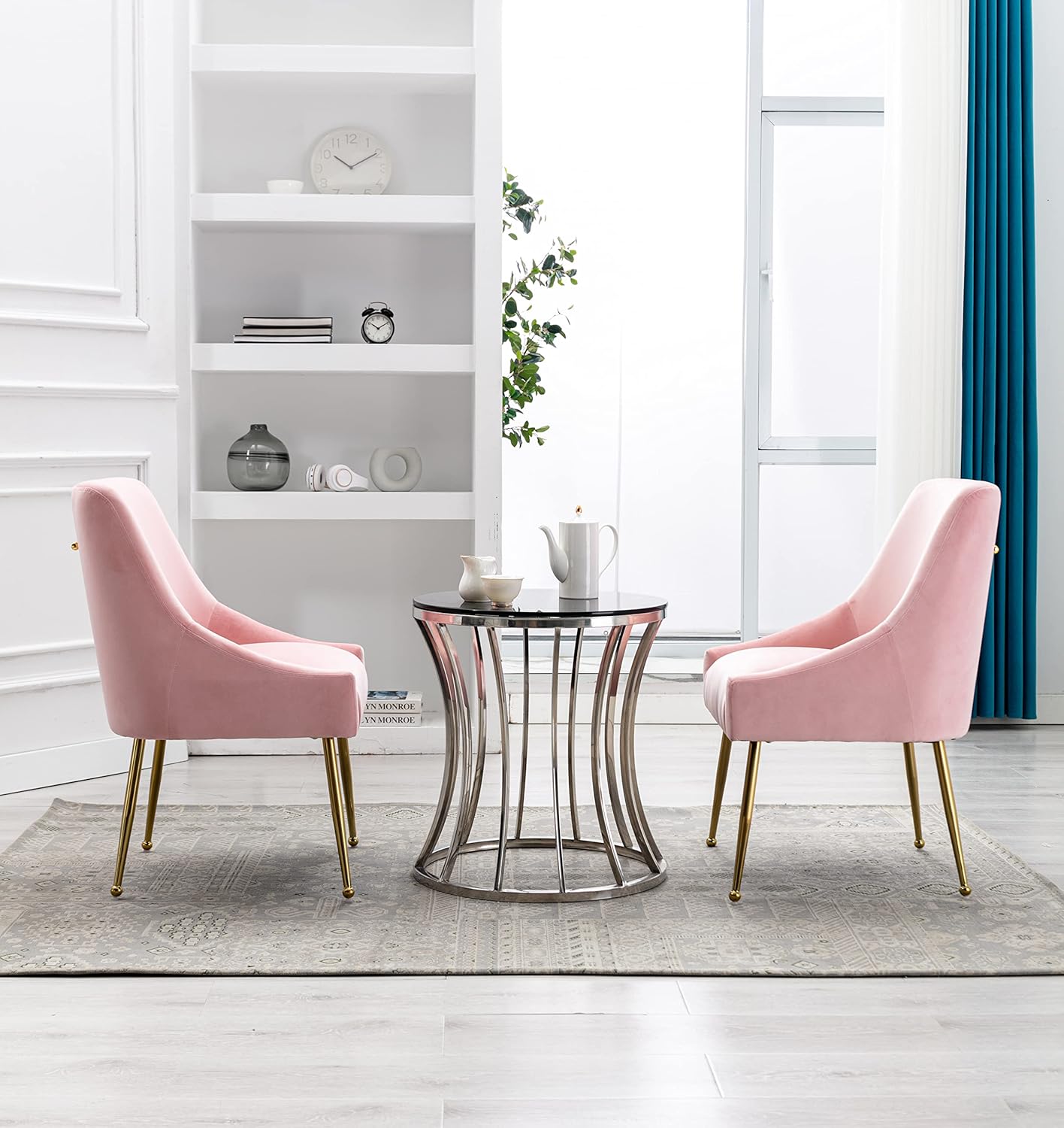 Velvet Dining Chairs, Furniture Collection Modern Contemporary Upholstered with Polished Gold Metal Legs, Set of 4(Pink)