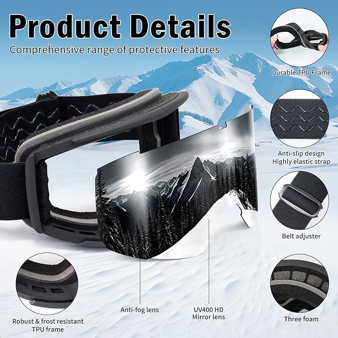 Ski Goggles for Men Women,Anti Fog UV Protection Snowboard Goggles for Adult & Youth,OTG Snow Skiing Goggles