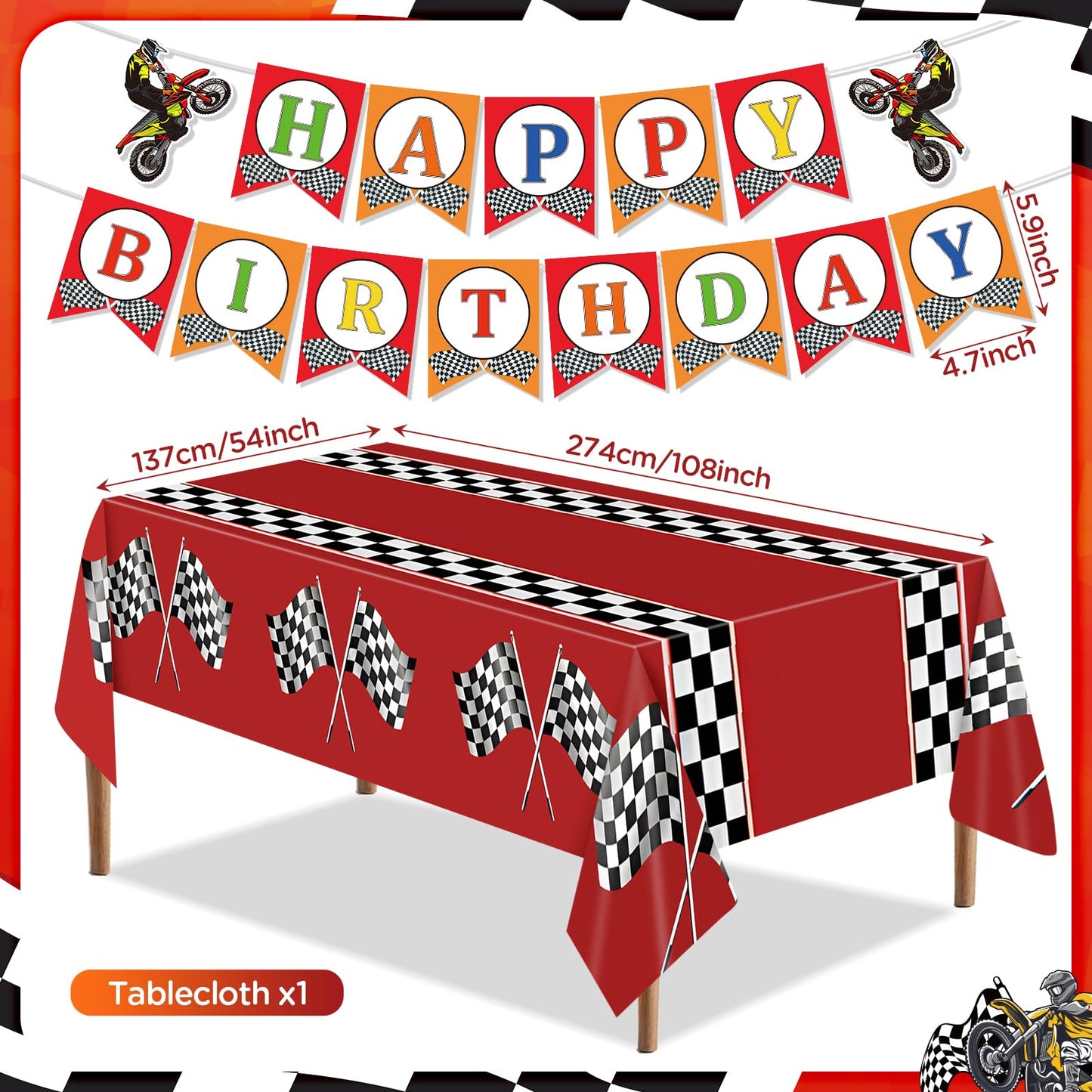 Dirt Bike Party Decorations Kit Motorcycle Theme Happy Birthday Banner Balloons Dirt Bike Hanging Swirls Tablecloth Cake Cupcake Toppers Decor for Boys Men Dirtbike Birthday Party Favors Supplies
