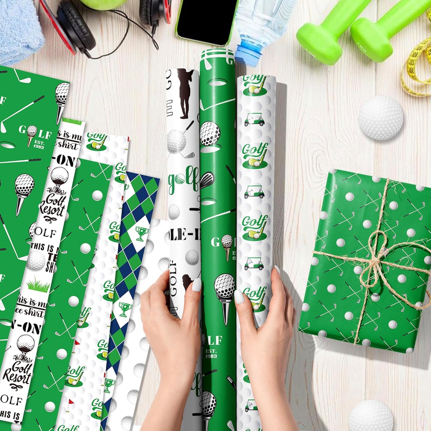 12-Sheet Golf Wrapping Paper Set – 6 Sports-Inspired Designs with Golf Clubs, Balls, Carts & Green Argyle Patterns | Flat Sheets for Birthdays, Retirement Parties & DIY Crafts (20"x27", Not Rolls)