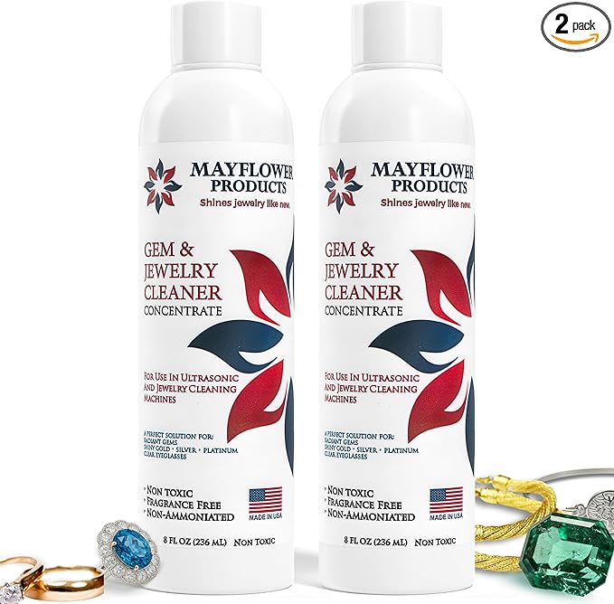 Mayflower Jewelry Cleaner for Ultrasonic Machine Made in USA Non Toxic Tarnish Remover Solution Concentrate 2-pack for Cleaning Gems Diamond Rings Silver Gold and Platinum. Cleans Eyeglasses (16 oz)