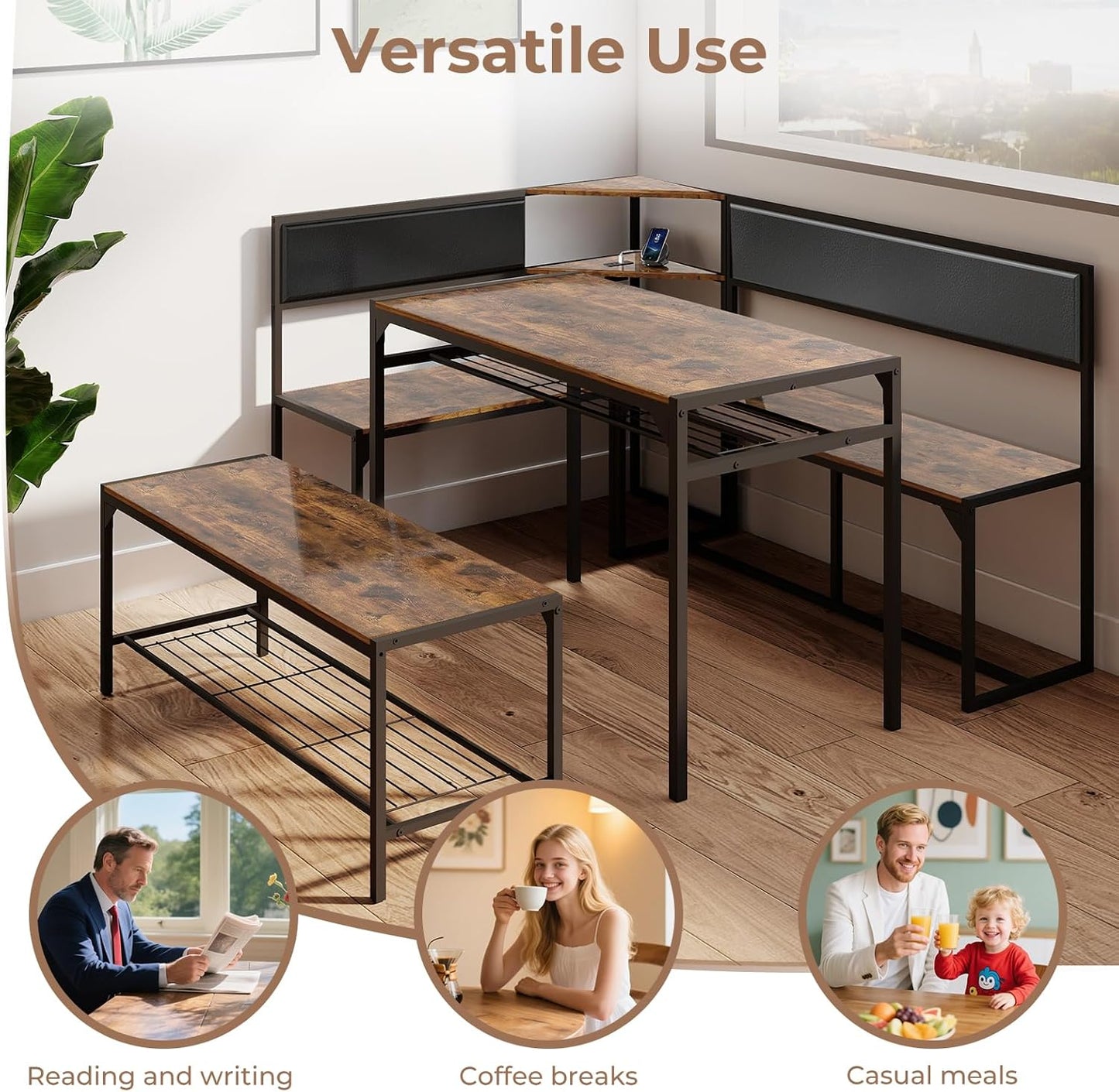 Corner Dining Table Set for 4-6, Breakfast Nook Table Set with Charging Port, Corner Kitchen Table with Storage & Bench, Farmhouse Corner Dining Table Set for Dining Room, Kitchen - Brown