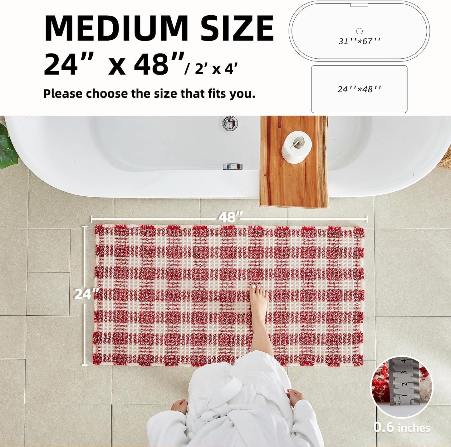 Waffle Bath Mat, Boho Christmas Bathroom Rugs Non Slip Washable Absorbent Checkered Bathroom Mat Quick Dry Cute Bath Mat, 36"x24" Red and White
