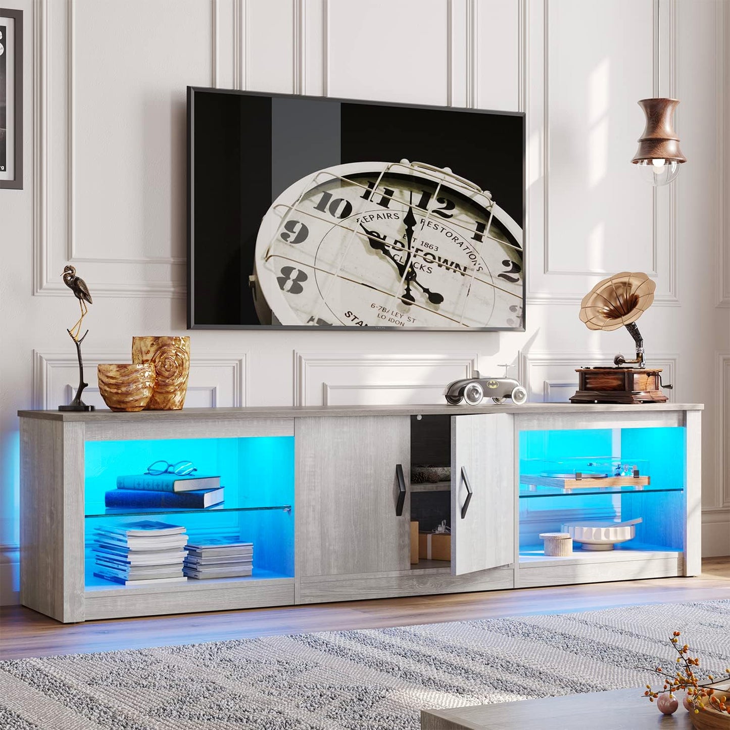 Bestier 70 Inch Led TV Stand for 75 Inch TV Large Entertainment Center Gaming with Adjustable Glass Shelves Two Cabinets Modern TV Console for Living Room 22 RGB Modes, Wash White