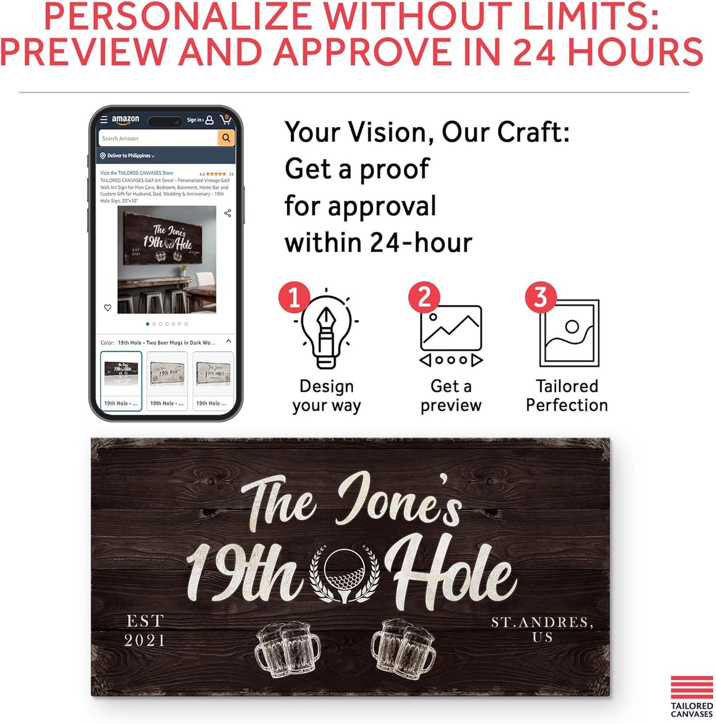 TAILORED CANVASES Golf Art Decor - Personalized Vintage Golf Wall Art Sign for Man Cave, Bedroom, Basement, Home Bar and Custom Gift for Husband, Dad, Wedding & Anniversary - 19th Hole Sign, 48"x24"