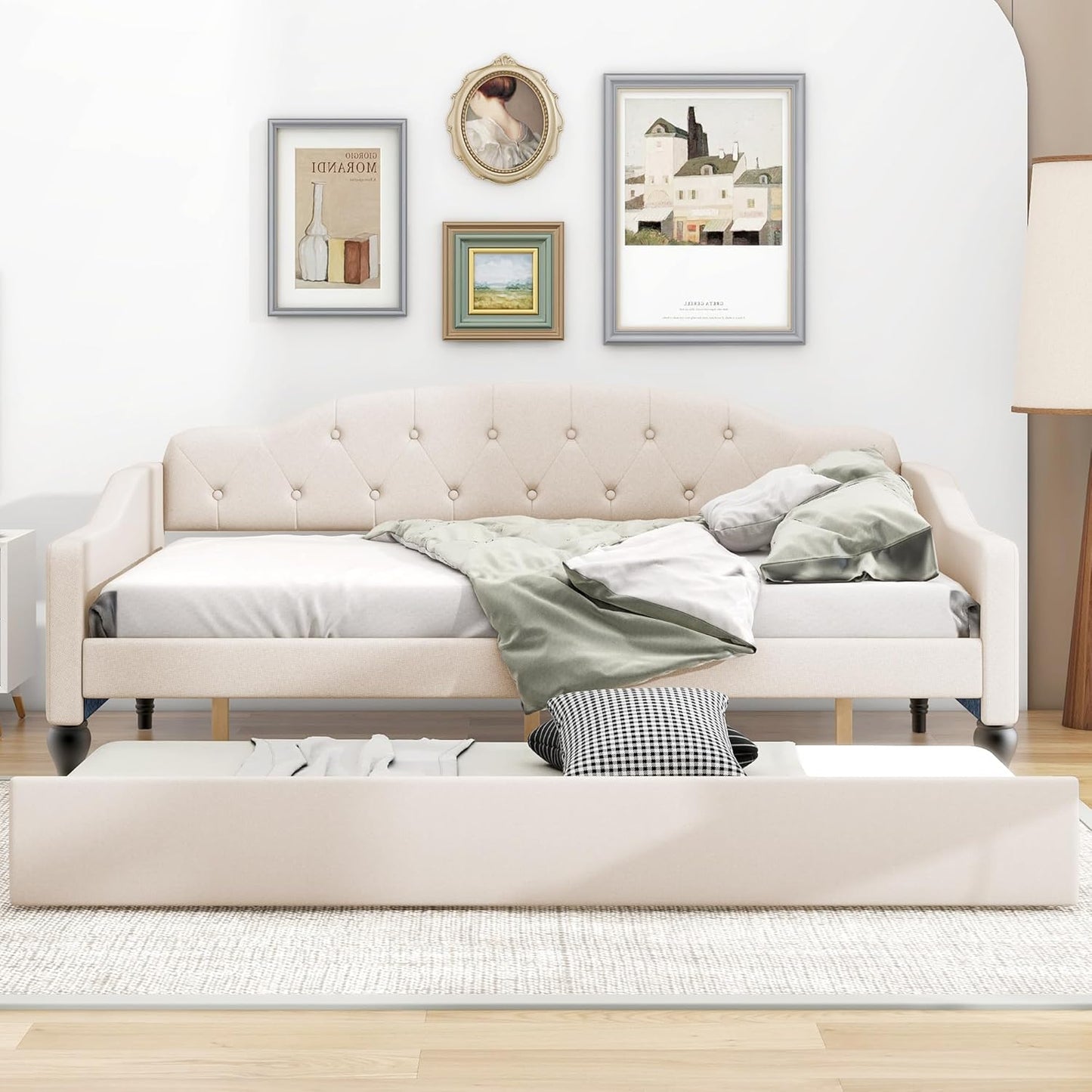 Full Size Linen Upholstered Tufted Daybed with Twin Size Trundle,Sofa Bed,No Box Spring Needed, Furniture for Bedroom Living Room Guest Room,Beige