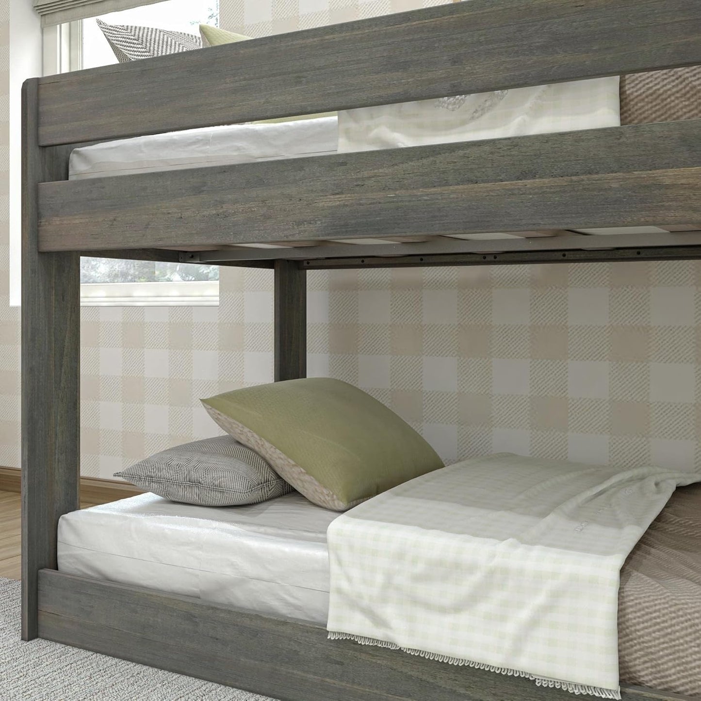 Max & Lily Modern Farmhouse Low Bunk Bed, Twin-Over-Twin Bed Frame For Kids, Driftwood